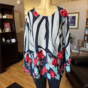 W&J gray, black, red & blue gloral long sleeves sweater-size XL